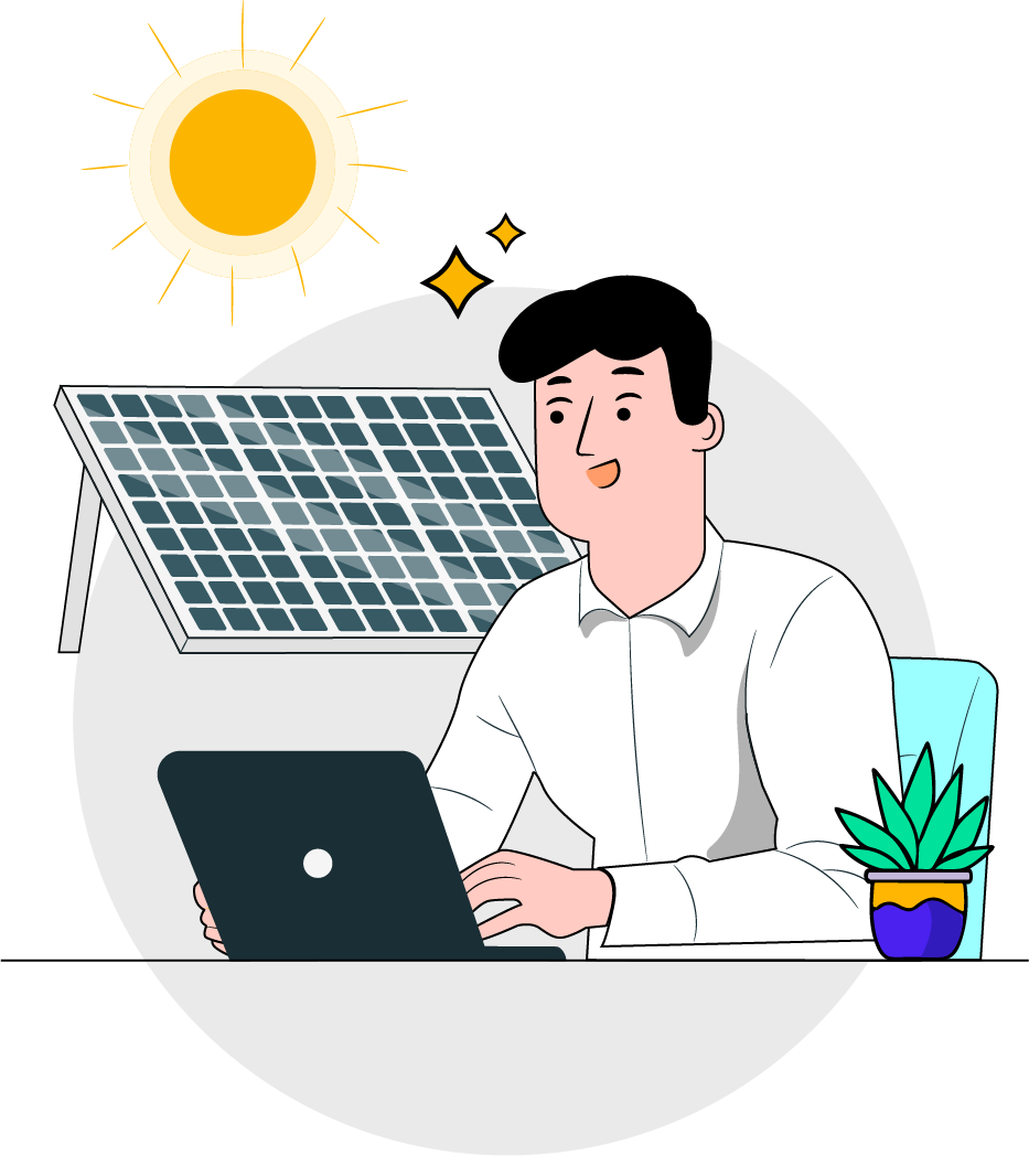 A man focused on his laptop, with a solar panel mounted on the wall behind him, highlighting a sustainable workspace.