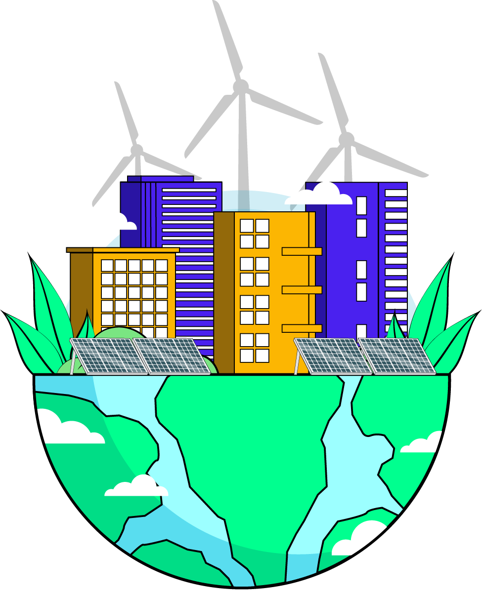 A colorful cartoon cityscape showcasing wind turbines and solar panels, emphasizing sustainable energy solutions.