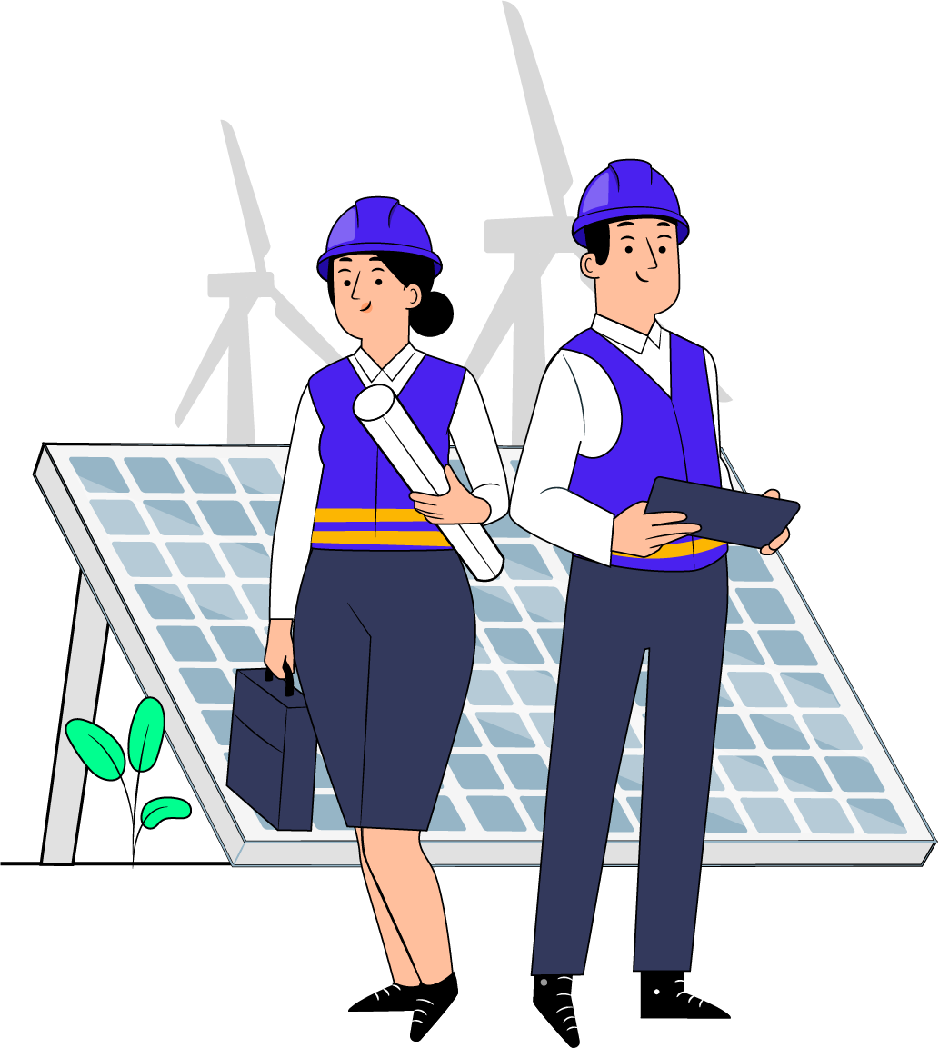 Two people wearing blue vests are positioned next to a wind turbine, highlighting renewable energy efforts.