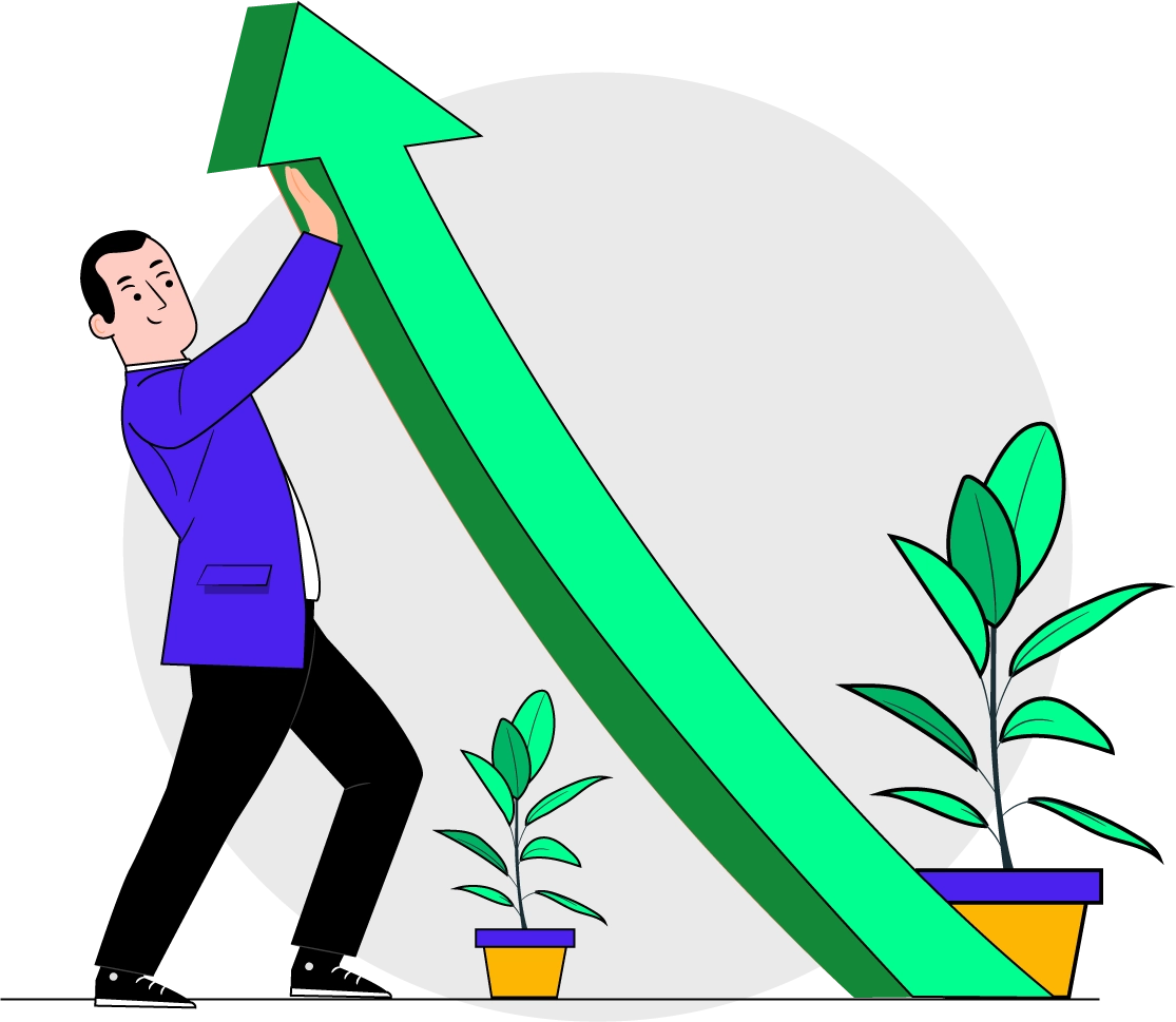 A man confidently holds up a green arrow, symbolizing direction and progress.