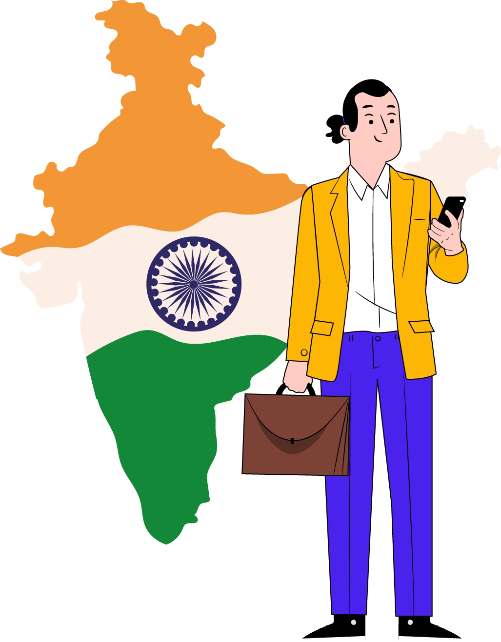 A cartoon man holding a briefcase stands in front of a map of India, symbolizing business and travel opportunities.