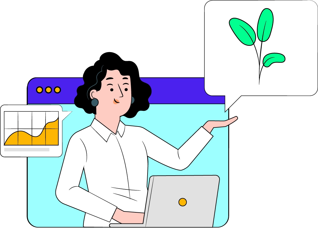 A woman, with a plant in hand, points to a laptop, illustrating the integration of environmental awareness and digital tools.