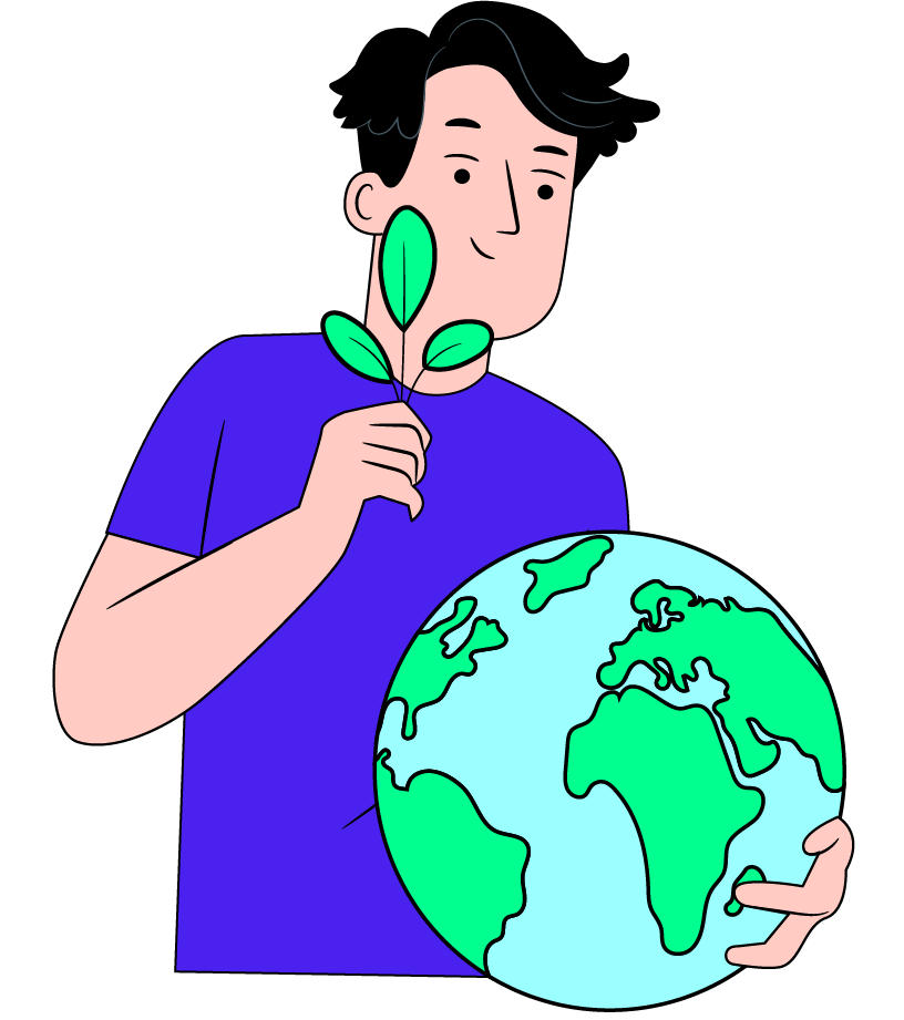 A man holds a small plant with a globe resting on its leaves, symbolizing environmental awareness and global responsibility.