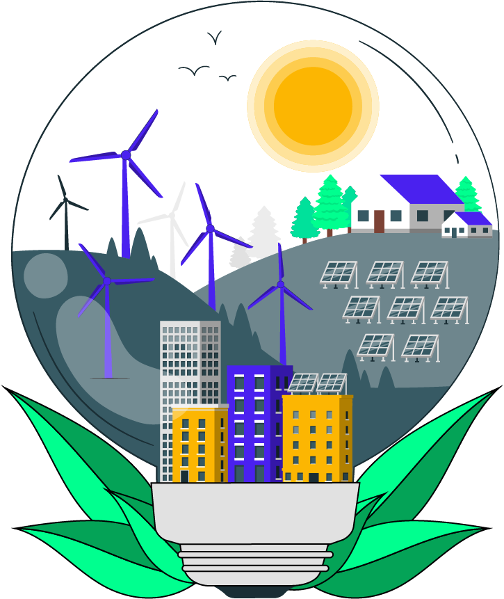 A solar energy light bulb illuminated against a backdrop of a city skyline and wind turbines, symbolizing sustainable energy.