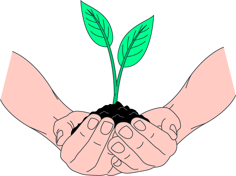 Hands gently holding a small plant with a vibrant green sprout emerging from the soil.