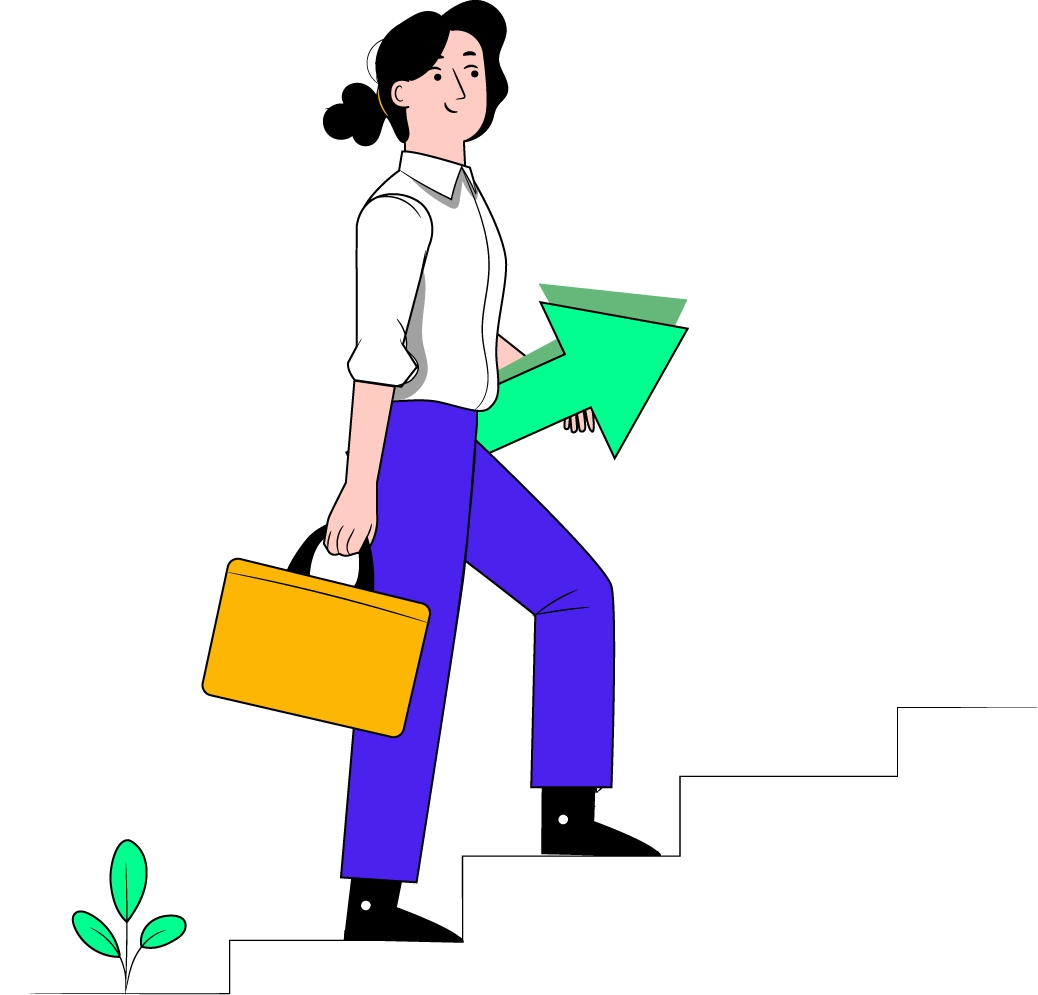 Illustration of a woman ascending stairs while carrying a briefcase, symbolizing ambition and professional growth.