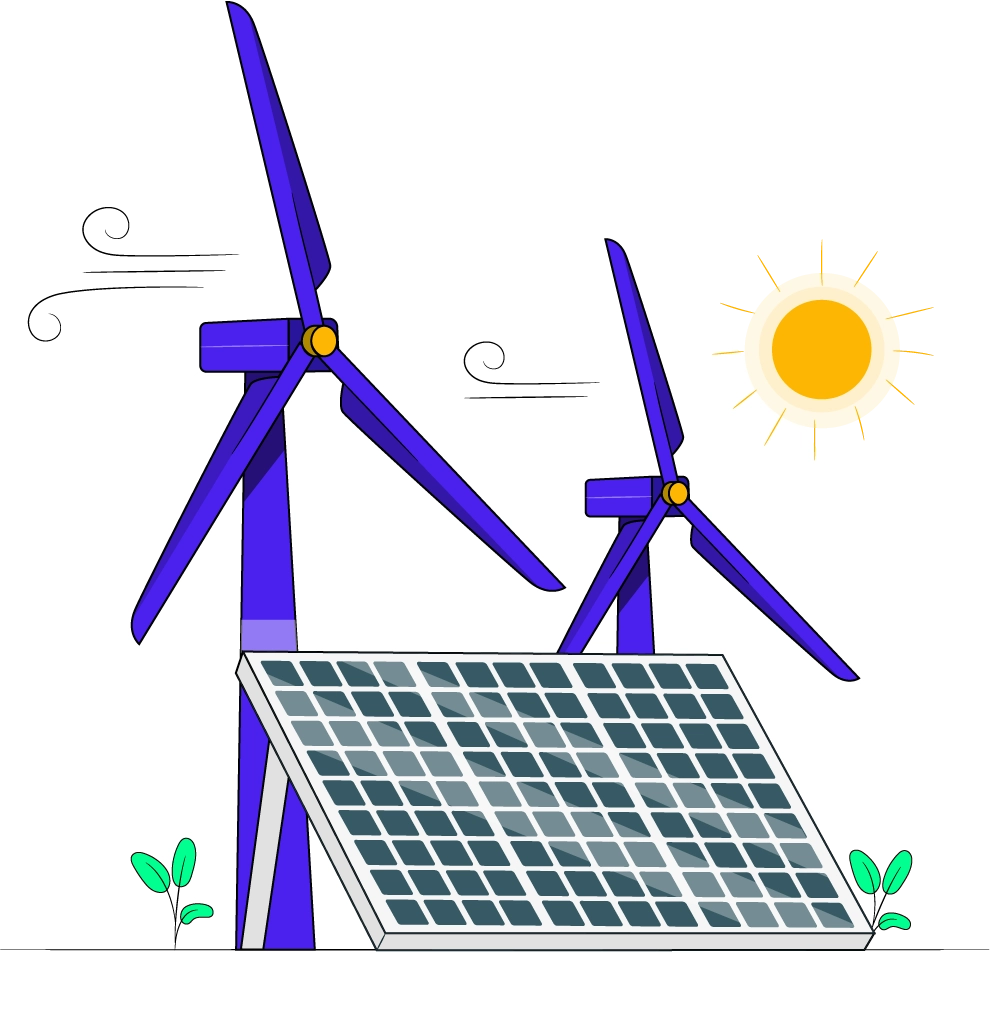 Illustration depicting wind turbines and solar panels set against a clear blue sky, symbolizing renewable energy sources.