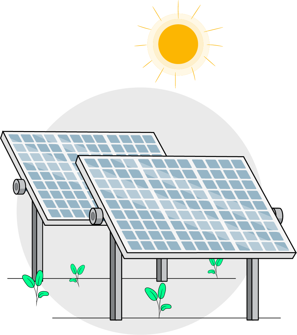 Solar panels mounted on a pole with the sun shining brightly in the background.