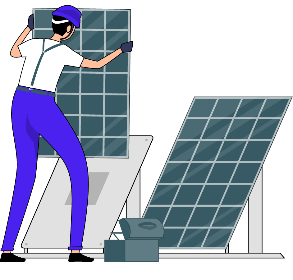A man wearing blue overalls is engaged in the installation of a solar panel, demonstrating hands-on work in renewable energy.
