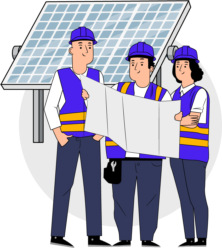 Three people wearing blue vests study a map and hold a solar panel in a natural setting.