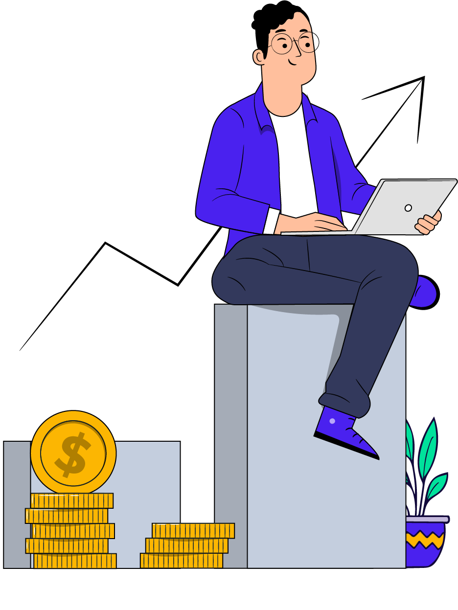 A man sits on a box, working on a laptop, surrounded by stacks of money, conveying a sense of success and ambition.