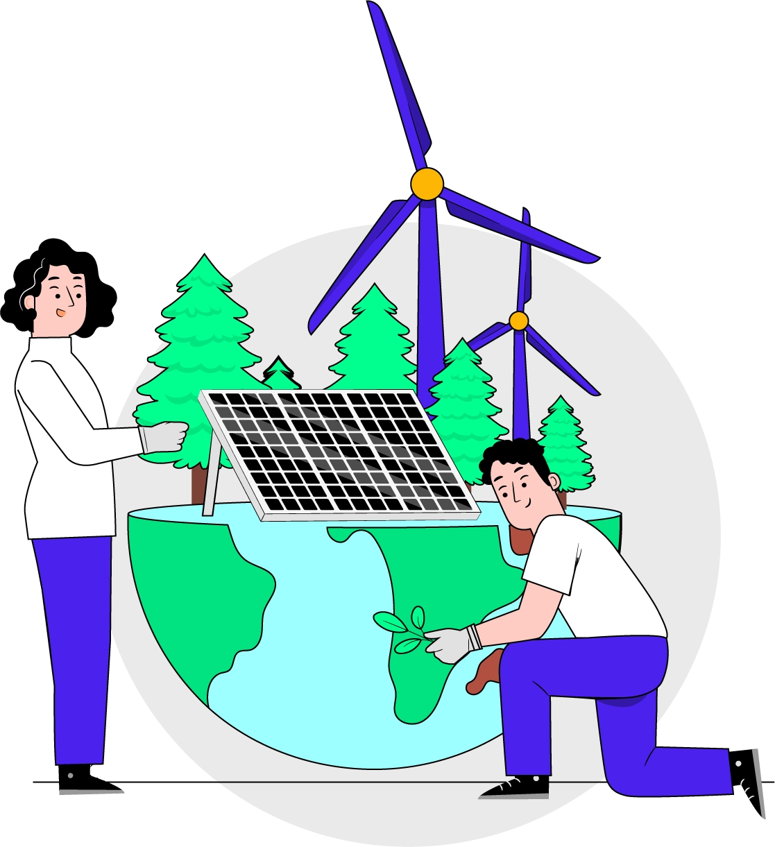 Two individuals collaboratively installing a solar panel on a globe, symbolizing global sustainability and renewable energy efforts.