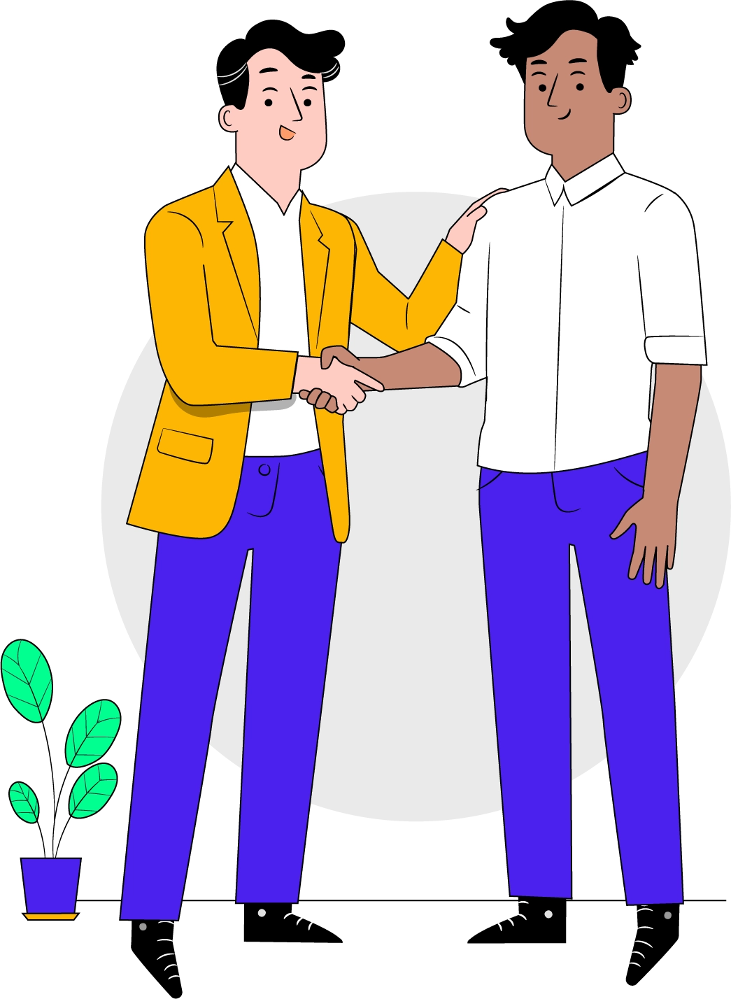 Two men shaking hands in front of a lush green plant, symbolizing agreement and collaboration in a professional setting.